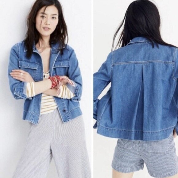 Madewell Northward Cropped Military Army Denim Jacket in Light Blue Size Small - Picture 1 of 6